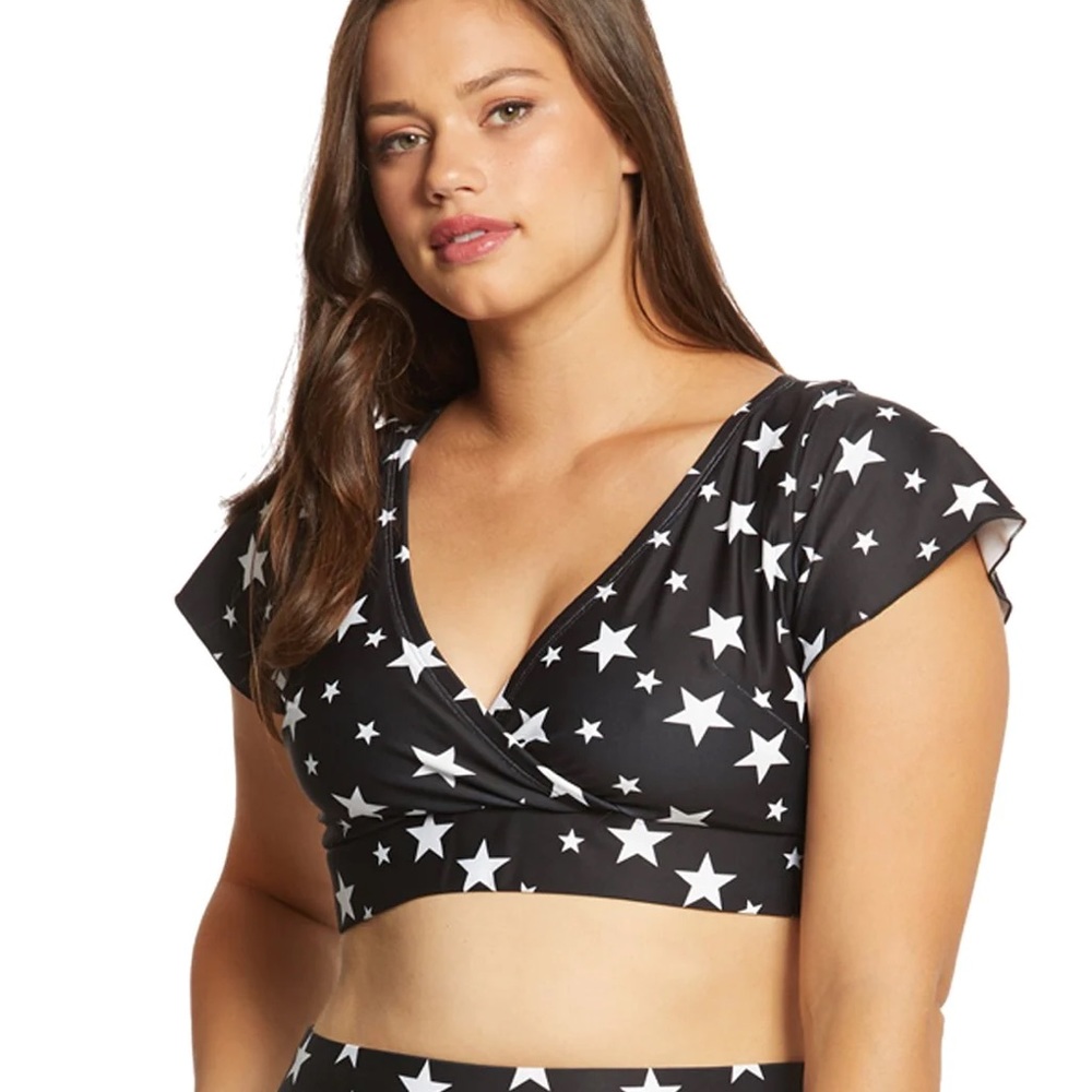 Alpine Butterfly swim top! Black/white with stars and short sleeves